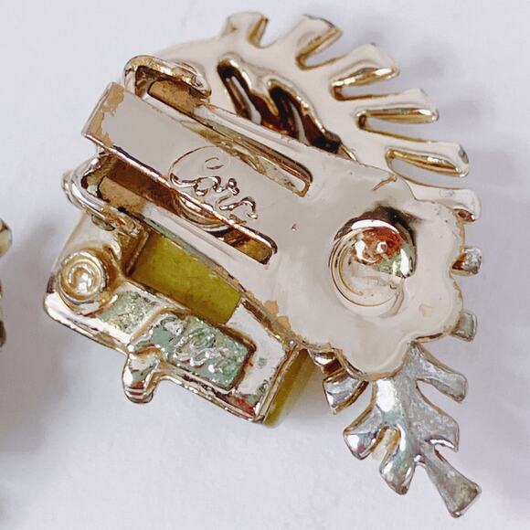 Vintage Signed Coro Earrings Mid Century Thermoset Lucite Clip On 50s Chartreuse - Picture 10 of 12